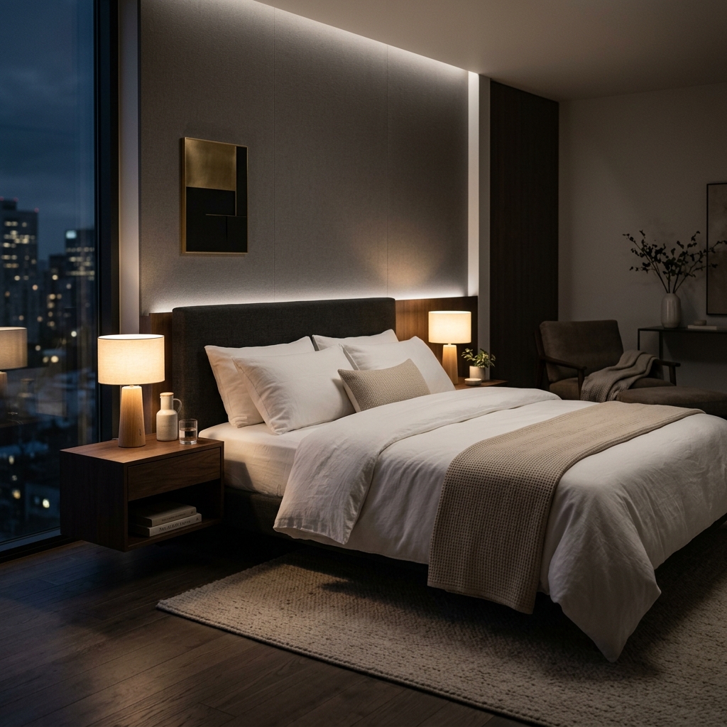 Premium modern bedroom at night featuring luxurious, aligned bed sheets and pillows in a calm atmosphere